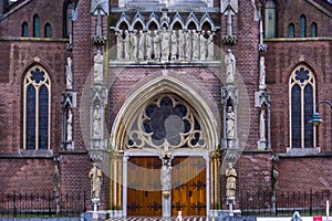 The entrance of the Saint Lambertus church in Veghel city, The Netherlands, popular medieval architecture by pierre cuypers