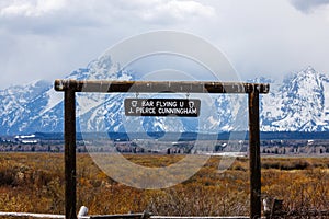 Entrance sign for the Bar Flying U ranch that belonged to J. Pierce Cunningham