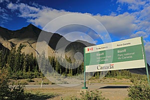 Parks Canada Entrance Sign at Sunwapta Pass along Icefields Parkway inEvening Light, Banff National Park, Alberta photo