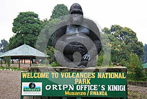 Entrance sign to office of Parc National des Volcans Volcanoes National Park to view Mountain Gorillas, Rwanda