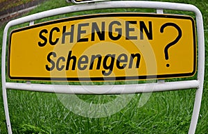 Entrance sign in the town of Schengen, Luxembourg