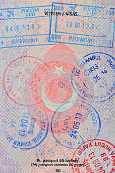 Entrance stamps on turkish passport page photo