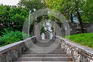 Entrance Steps to Main Church, Å½upnijska cerkev sv. Urha in Bovec, Flitsch, Slovenia, Europe