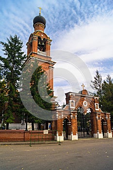 Entrance into the territory and the campanile of the Savior Transfiguration Church in Tushino.