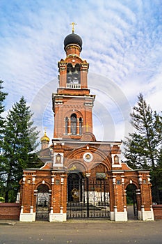 Entrance into the territory and the campanile of the Savior Transfiguration Church in Tushino.