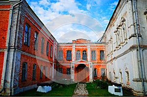 Entrance to abandoned mansion architecture backdrop