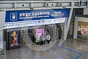 Entrance to airport train terminal Seoul Station South Korea