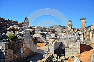 Entrance to Amphitheater Harpy tomb monument sarcophagus at Xanthos ruins. Turkey. UNESCO world heritage