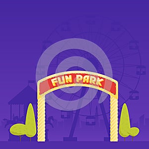 Entrance to the amusement park. Circus carousel and a ferris wheel in the background. Vector illustration
