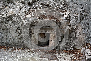 Entrance to an ancient Jewish funerary cave at Beit Shearim in Israel.