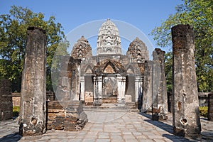 At the entrance to the ancient Khmer temple Wat Si Sawai. Sukhothai