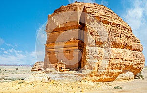 Entrance to ancient nabataean civilization Tomb of Lihyan, son of Kuza carved in rock,  Madain Salih, Hegra, photo