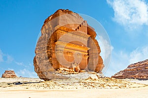 Entrance to the ancient nabataean Tomb of Lihyan, son of Kuza carved in rock,  Mada'in Salih, Hegra, Saudi Arabia