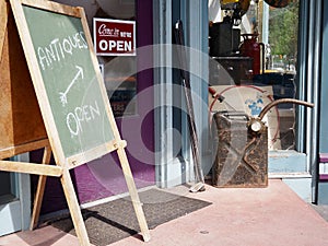 Entrance to Antiques Store With Open Sign