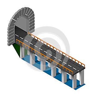 Entrance to automobile tunnel with section of bridge. Automobile bridge with arched tunnel in mountains. Vector