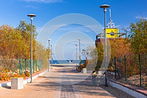 Entrance to the beach with lifeguards house at Baltic Sea in Gdansk, Poland