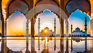 Entrance to a beautiful Muslim mosque with sunrise background, Muslim holidays celebration concept with copy space,