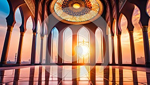 Entrance to a beautiful Muslim mosque with sunrise background, Muslim holidays celebration concept with copy space,