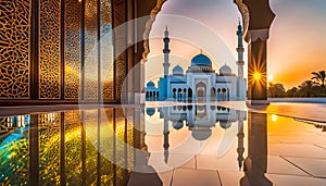 Entrance to a beautiful Muslim mosque with sunrise background, Muslim holidays celebration concept with copy space,