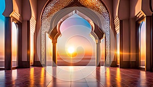 Entrance to a beautiful Muslim mosque with sunrise background, Muslim holidays celebration concept with copy space,