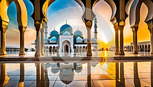 Entrance to a beautiful Muslim mosque with sunrise background, Muslim holidays celebration concept with copy space,