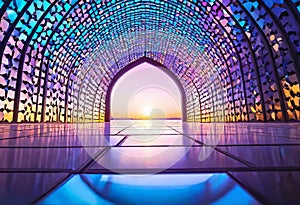 Entrance to a beautiful Muslim mosque with sunrise background, Muslim holidays celebration concept with copy space,