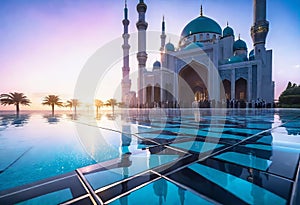 Entrance to a beautiful Muslim mosque with sunrise background, Muslim holidays celebration concept with copy space,