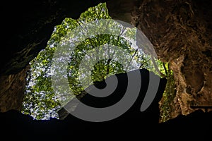 Entrance to a beautiful Resava cave (Resavska pecina) in Serbia, massive columns of stalagmites and stalactites