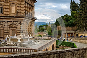 Entrance to the Boboli Gardens in Florence with view of Pitti Palace and the city on the background.