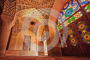 Entrance to bright and colorful building of the persian Nasir al-Mulk Mosque in Shiraz, Iran.