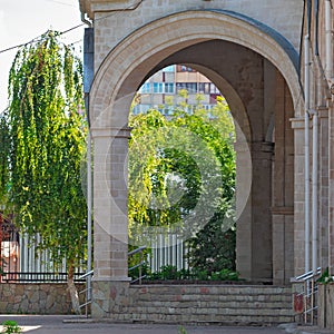 The Entrance to The Building of the Russian Orthodox Church, The Arches Rest On Brick Pillars