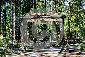 Entrance to Camp Mather, managed by San Francisco Recreation & Parks Department; the camp is located in the forests of Hetch