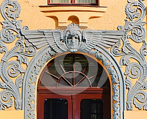 Entrance to the Cat House at 10 Meistaru iela in the old town of Riga, the capital of Latvia