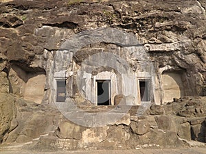 Entrance to Cave 3, the most prominent & largest among the Western Group series, Aurangabad Caves, Maharashtra, India