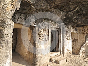 Entrance to Cave 5, a very small cave with a Buddha in meditation pose Dhyana Mudra, Aurangabad Caves, Maharashtra, India