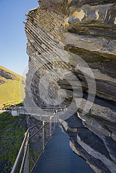 Entrance to Cliffwalk, tourist attraction Grindelwald First, swiss mountains