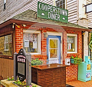 entrance to Cooperstown Diner small quaint brick building