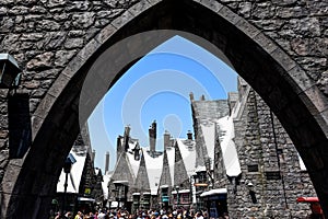 Entrance to the Crowded Hogsmeade Village at the Wizarding World of Harry Potter in Universal Studios Hollywood