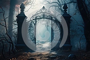 Entrance to dungeons and hell. A large wrought-iron gate to the garden, the park in an eerie fog, generative AI. photo