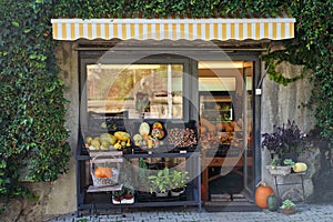 Entrance to a fruit and vegetable shop in Bratislava, Slovakia