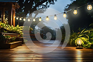 Entrance to garden path illuminated by lights on wooden porch