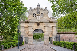 Entrance to garden of St. Peter and St. Paul basilica in Vysehrad Upper Castle, Prague, Czech Republic