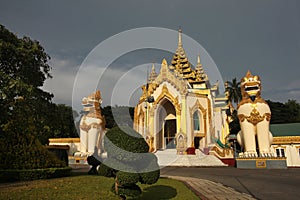 The entrance to the golden buddhist pagoda or stupa of Shwedagon Pagoda,Yangon, Myanmar