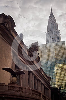 Entrance to Grand Central station in New York with the Chrysler building in the background