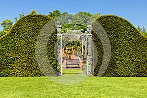 Entrance through Privet Hedge to Hampton Court Castle`s Walled Garden, Herefordshire, England. photo