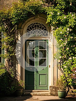 Entrance to a historic manor, framed by antique architectural elements and flanked by potted topiaries, features an aged