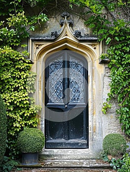 Entrance to a historic manor, framed by antique architectural elements and flanked by potted topiaries, features an aged