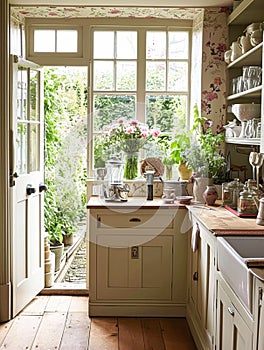 Entrance to a historic manor, framed by antique architectural elements and flanked by potted topiaries, features an aged