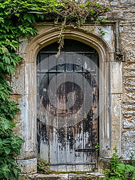 Entrance to a historic manor, framed by antique architectural elements and flanked by potted topiaries, features an aged photo