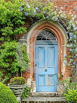 Entrance to a historic manor, framed by antique architectural elements and flanked by potted topiaries, features an aged photo